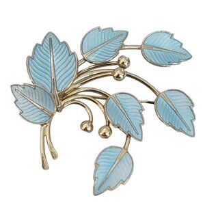 Jemax Sterling Denmark Baby Blue Guilloche Enamel Leaf Spray Brooch Pin, K296